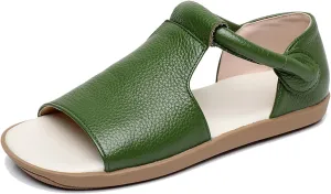 Women's Genuine Leather Round Open Toe Flat Roman Sandals Fashion Hook and Loop Casual Platforms Fisherman Sandals Comfort Softsole Non-Slip Beach Walking Sandal Shoes