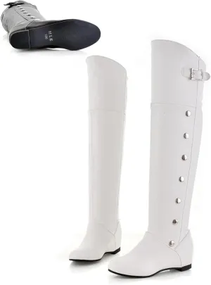Women's Leather Hidden wedge heel Knee High Boots with Studded Decoration Round Toe Flat Dress Long Tall Boots for Fall Winter