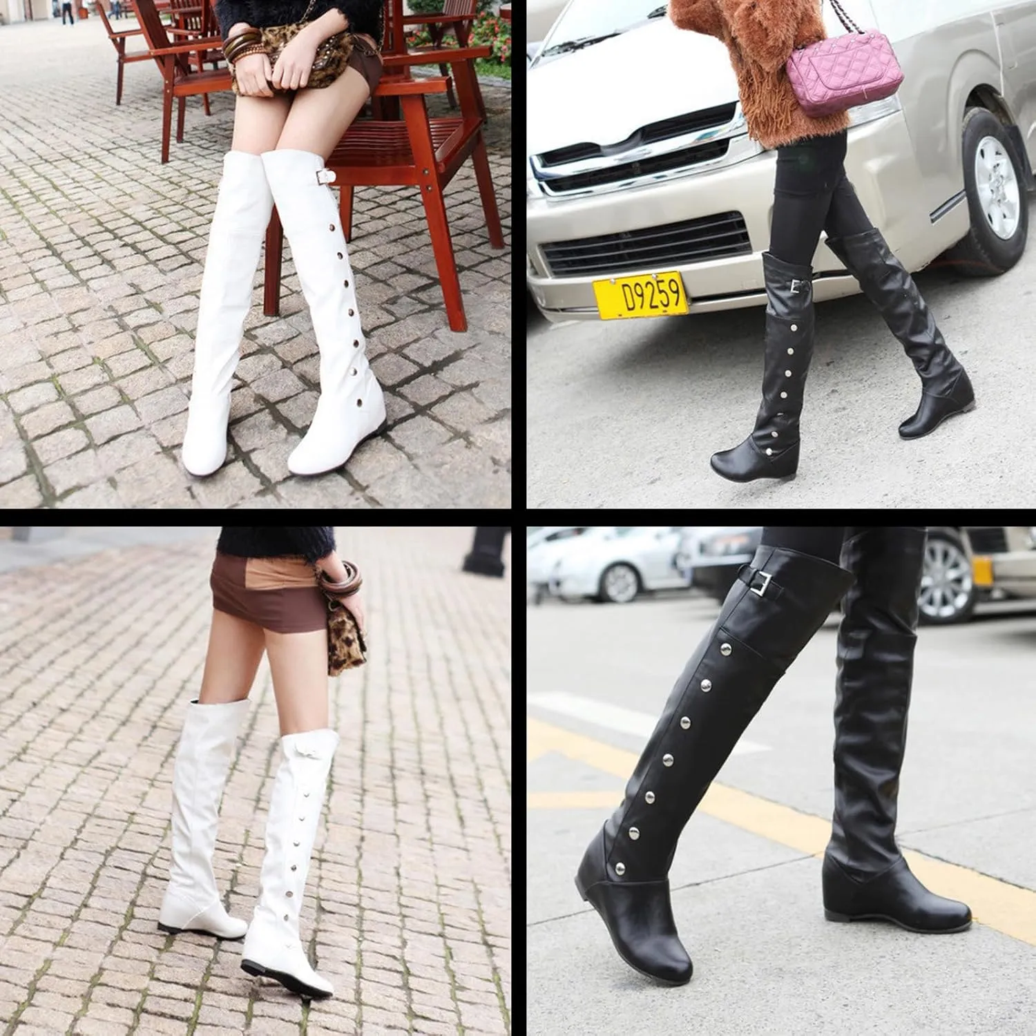 Women's Leather Hidden wedge heel Knee High Boots with Studded Decoration Round Toe Flat Dress Long Tall Boots for Fall Winter