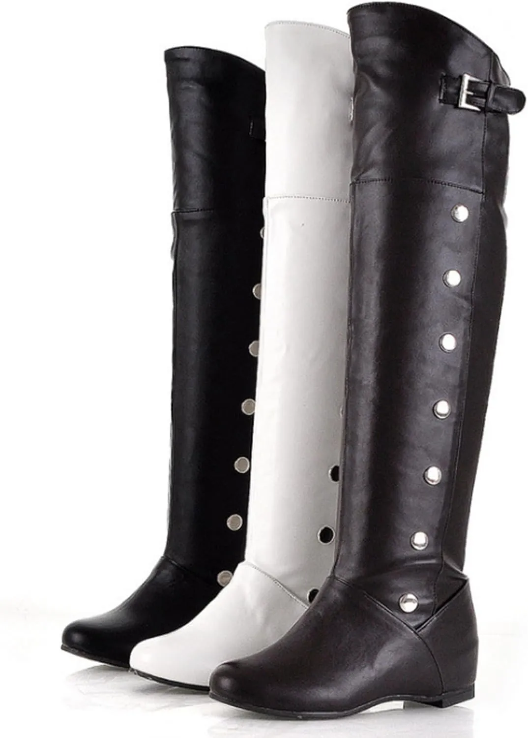 Women's Leather Hidden wedge heel Knee High Boots with Studded Decoration Round Toe Flat Dress Long Tall Boots for Fall Winter