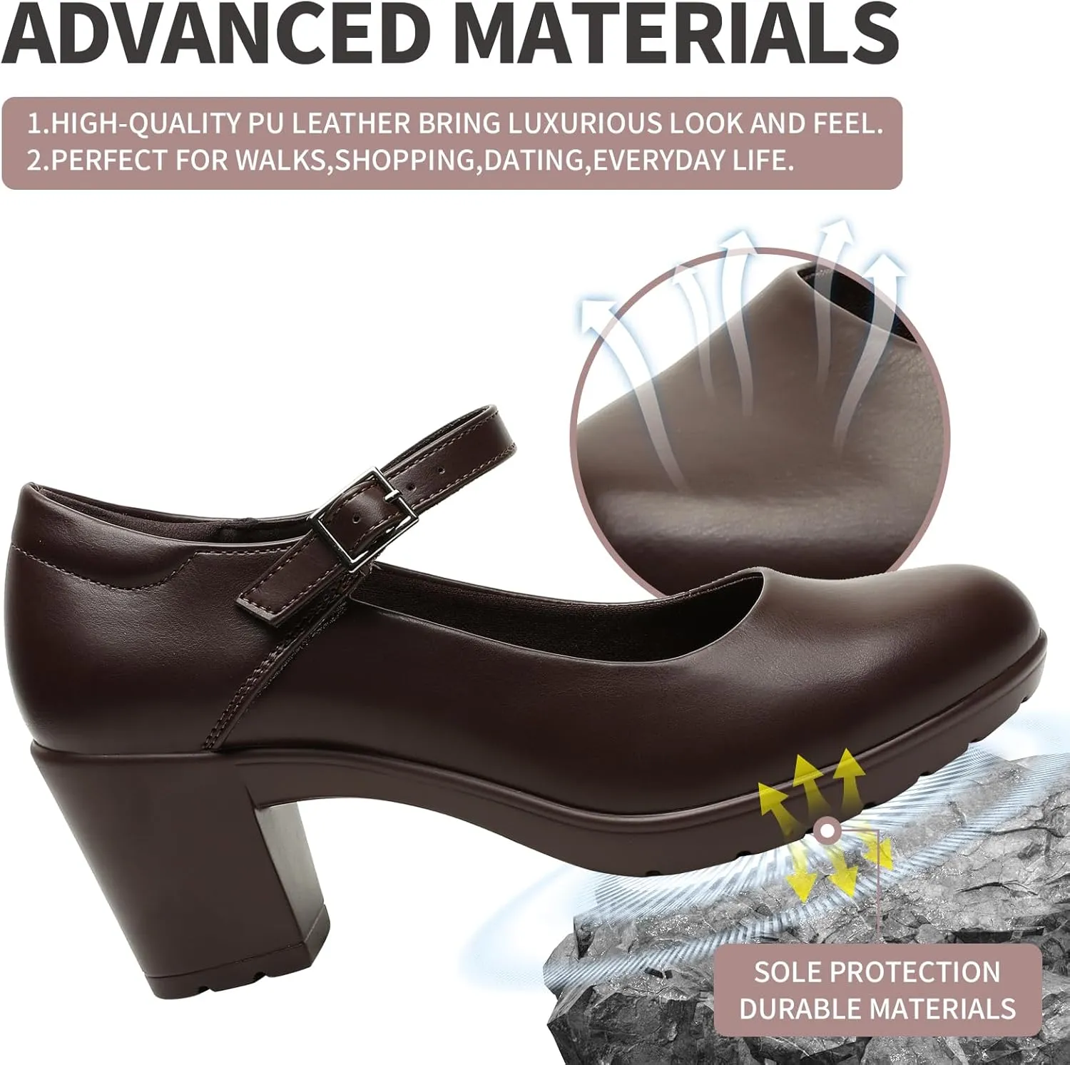 Womens Mary Jane Dress Shoes Chunky Low Block Heels 7CM Closed Toe Work Platform Pumps Dressy Orthopedic for Business Flight Wedding Office Ankle Strap Leather Casual Comfort with Arch Support