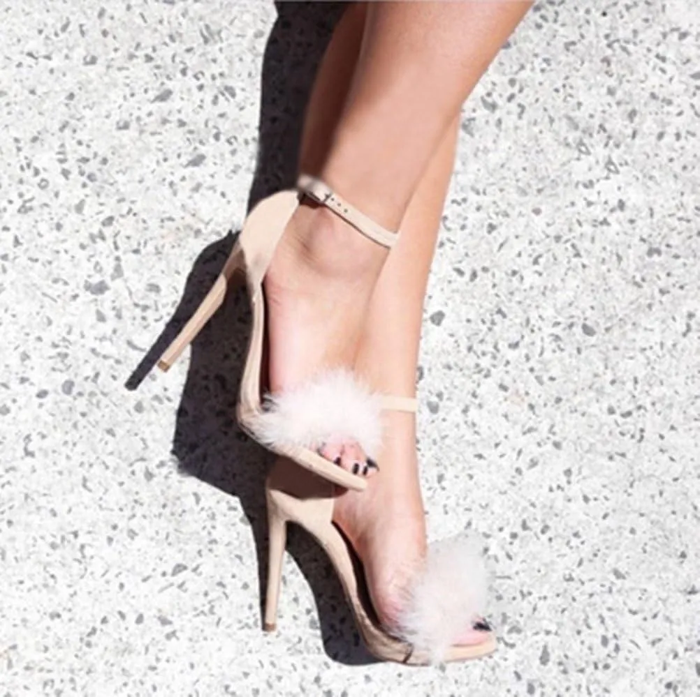 Women's Open Toe Ankle Strap Fluffy Feather Stiletto High Heel Dress Sandal