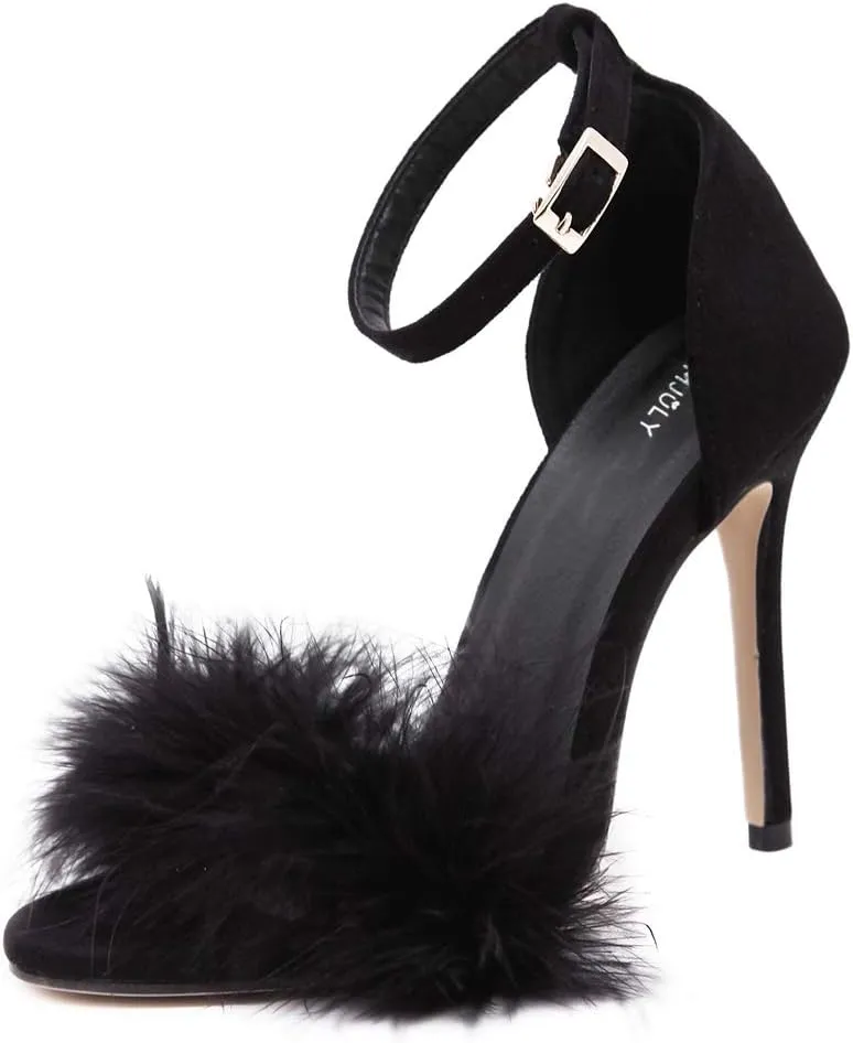 Women's Open Toe Ankle Strap Fluffy Feather Stiletto High Heel Dress Sandal