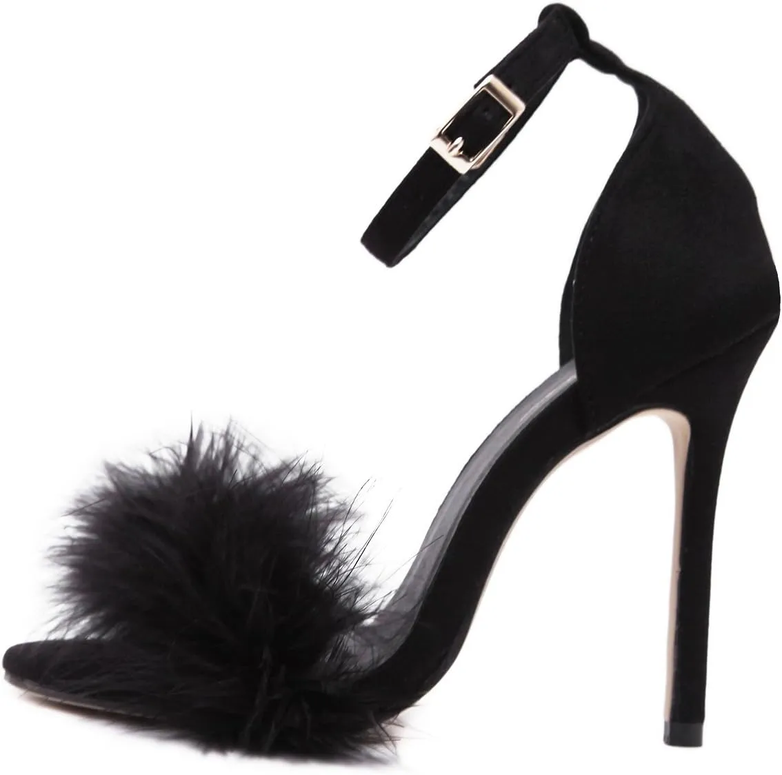 Women's Open Toe Ankle Strap Fluffy Feather Stiletto High Heel Dress Sandal