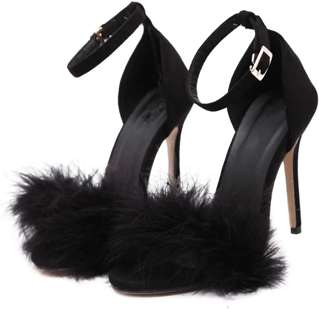 Women's Open Toe Ankle Strap Fluffy Feather Stiletto High Heel Dress Sandal