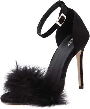 Women's Open Toe Ankle Strap Fluffy Feather Stiletto High Heel Dress Sandal