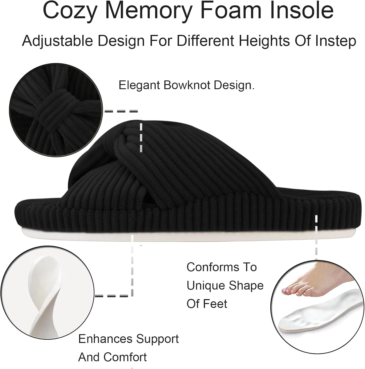 Women's Orthopedic Arch Support Open Toe House Slippers for Plantar Fasciitis Ladies Cozy Memory Foam Bedroom Gift Slippers Fluffy Corduroy Bow Crossband Slide