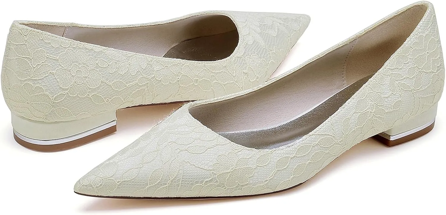 Womens Party Lace Evening Shoes Wedding Bridal Flats Shoes Pointed Toe Bridesmaid Dress Shoes