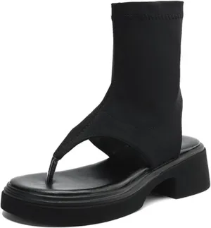 Women's Platform High-Top Clip Toe Sandals Stretch Slip-On Comfortable Slingback Low Chunky Heel Booties Casual Walking Beach Flip Flops Sandals