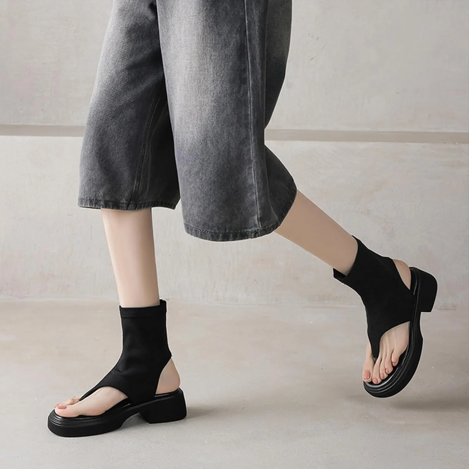 Women's Platform High-Top Clip Toe Sandals Stretch Slip-On Comfortable Slingback Low Chunky Heel Booties Casual Walking Beach Flip Flops Sandals