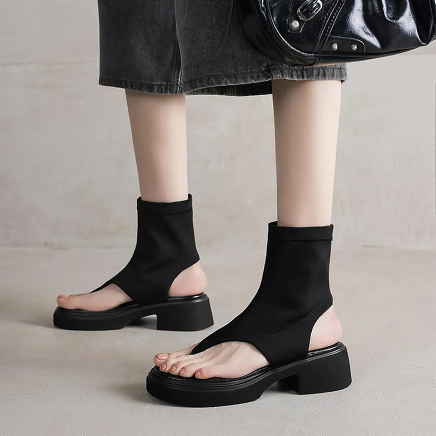 Women's Platform High-Top Clip Toe Sandals Stretch Slip-On Comfortable Slingback Low Chunky Heel Booties Casual Walking Beach Flip Flops Sandals