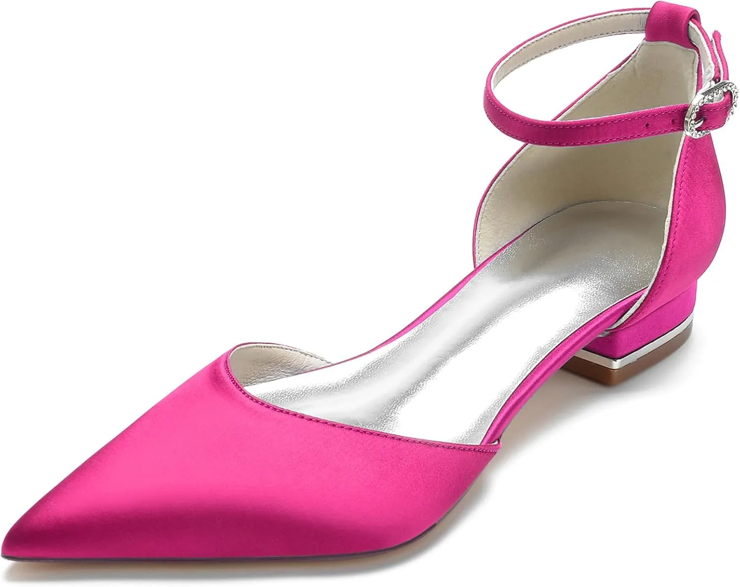 Womens Satin Bridal Wedding Shoes Pointed Toe Ballet Flats Ankle Strap Closed Toe Party Dress Sandals