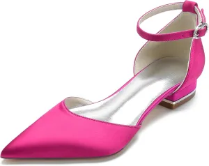 Womens Satin Bridal Wedding Shoes Pointed Toe Ballet Flats Ankle Strap Closed Toe Party Dress Sandals