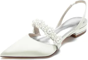 Women's Satin Pearls Boho Beach Wedding Flats Shoes for Bride Pointed Toe Slingback Bridesmaid Shoes Dressy Flats