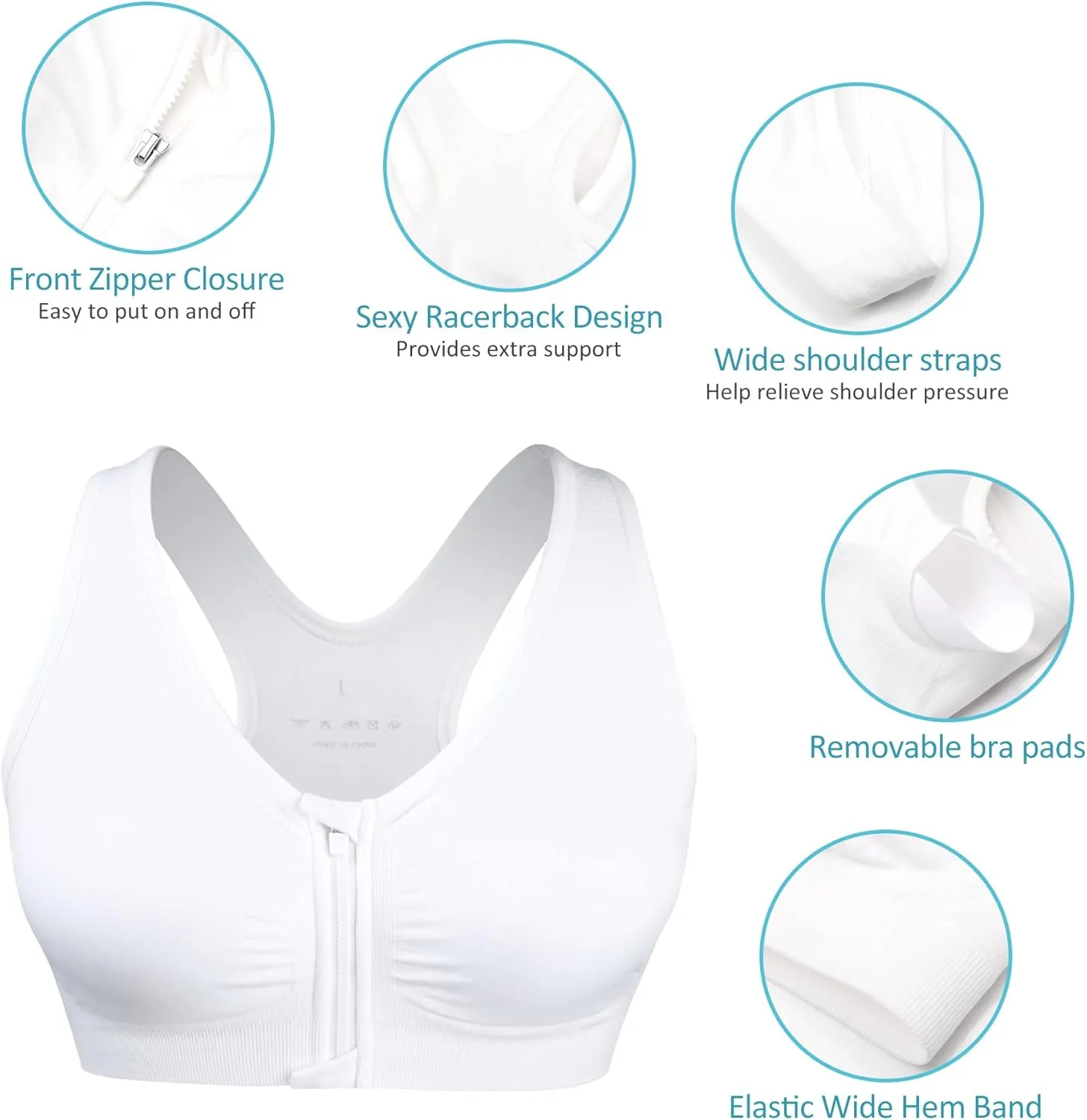 Women's Zip Front Sports Bra Wireless Post-Surgery Bra Active Yoga Sports Bras