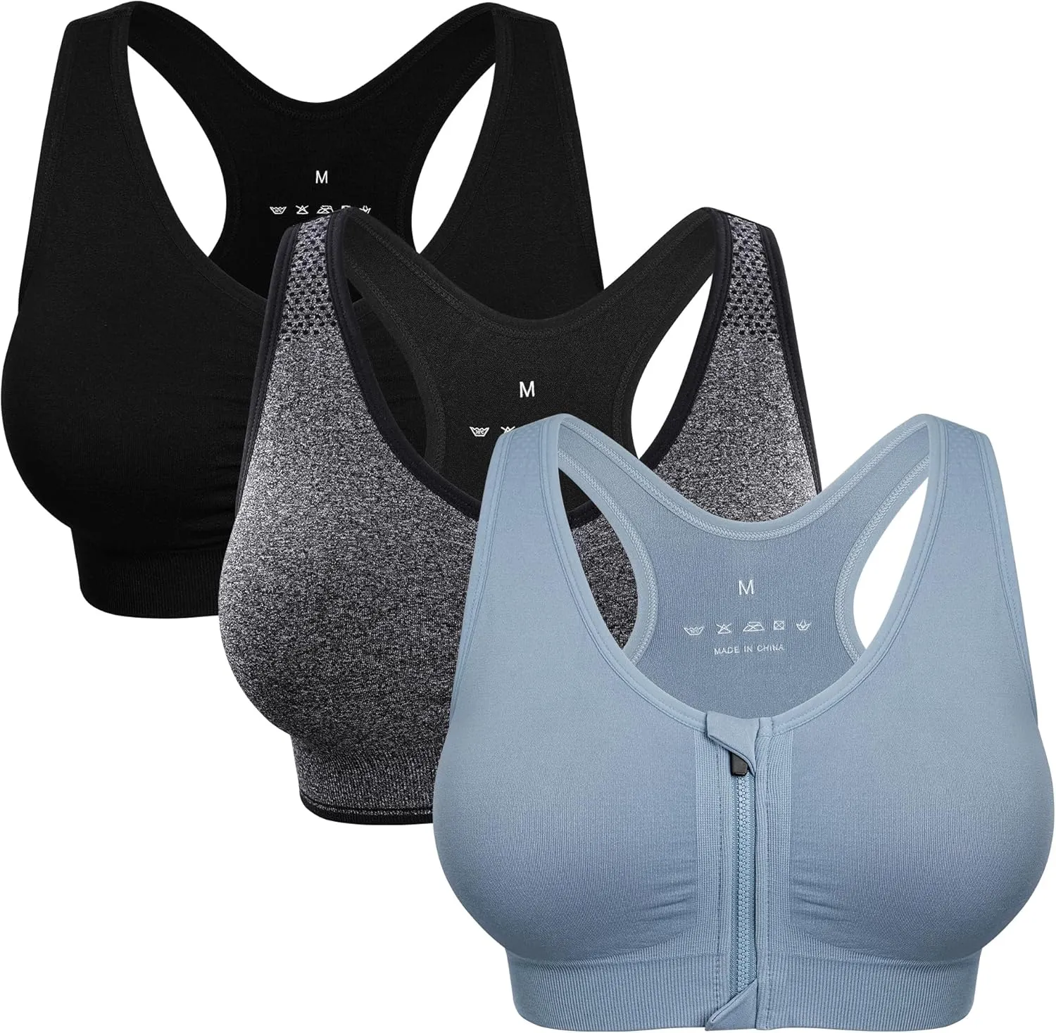 Women's Zip Front Sports Bra Wireless Post-Surgery Bra Active Yoga Sports Bras