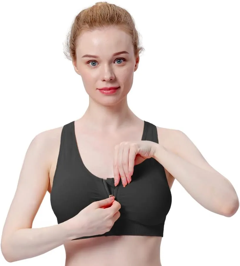Women's Zip Front Sports Bra Wireless Post-Surgery Bra Active Yoga Sports Bras