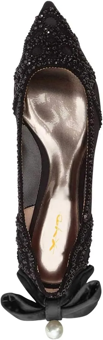 XYD Women Elegant Pointed Toe Rhinestones Studded Flats Back Pearl Bowknot Mesh Slip-on Wedding Bride Ballet Shoes