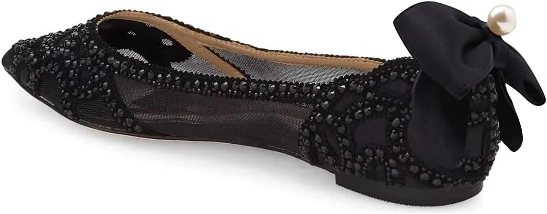 XYD Women Elegant Pointed Toe Rhinestones Studded Flats Back Pearl Bowknot Mesh Slip-on Wedding Bride Ballet Shoes