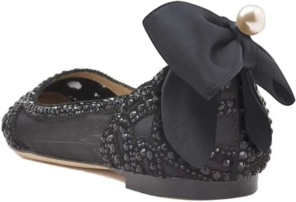 XYD Women Elegant Pointed Toe Rhinestones Studded Flats Back Pearl Bowknot Mesh Slip-on Wedding Bride Ballet Shoes