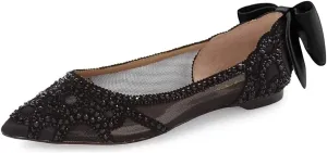 XYD Women Elegant Pointed Toe Rhinestones Studded Flats Back Pearl Bowknot Mesh Slip-on Wedding Bride Ballet Shoes