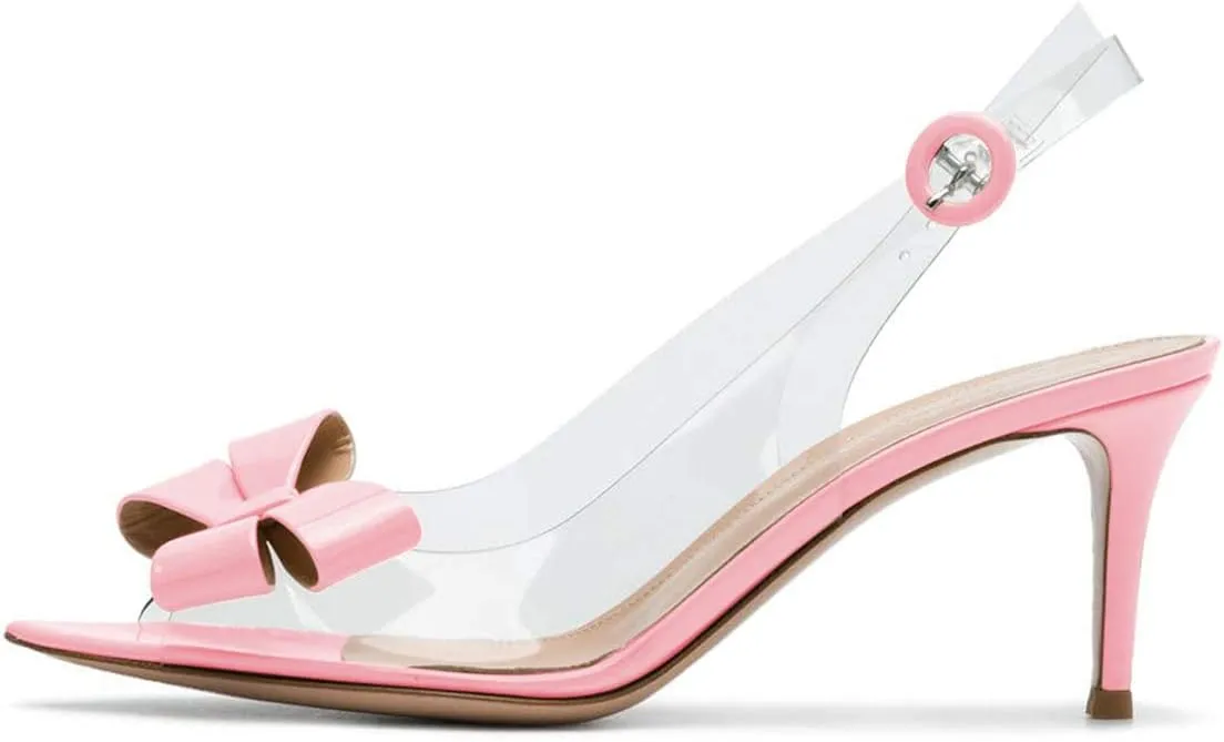 XYD Women Mid Heels Transparent PVC Dress Sandal Pumps Cute Bowknot Peep Toe Slingback Clear Shoes with Buckle