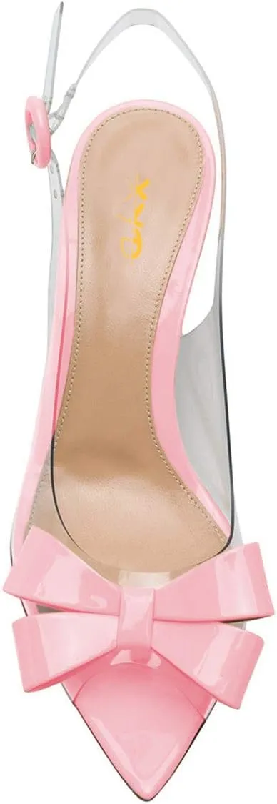 XYD Women Mid Heels Transparent PVC Dress Sandal Pumps Cute Bowknot Peep Toe Slingback Clear Shoes with Buckle