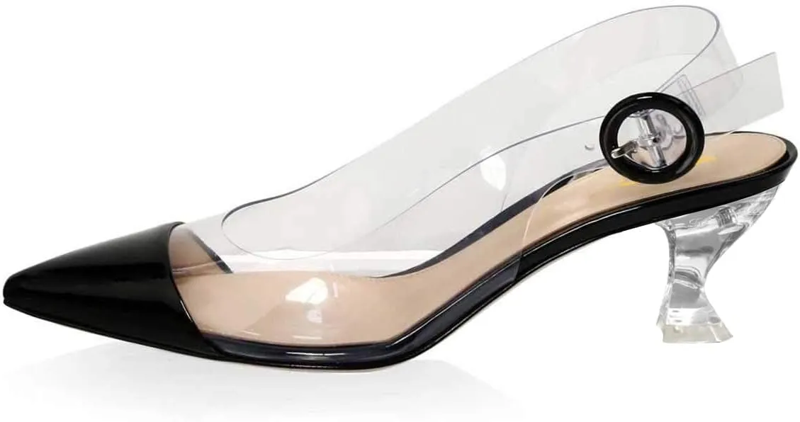 XYD Women Transparent Slingback Clear Low Heels Pumps Pointed Toe PVC Dress Block Sandals Shoes with Buckle