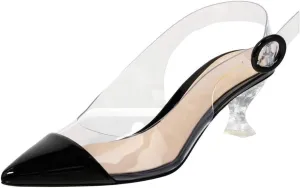 XYD Women Transparent Slingback Clear Low Heels Pumps Pointed Toe PVC Dress Block Sandals Shoes with Buckle
