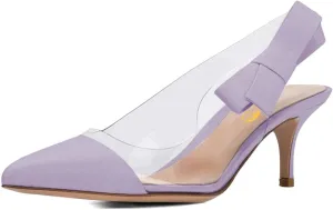 XYD Women Transparent Slingback Mid Kitten Heels Pumps Pointed Toe PVC Dress Sandals Clear Shoes with Bow