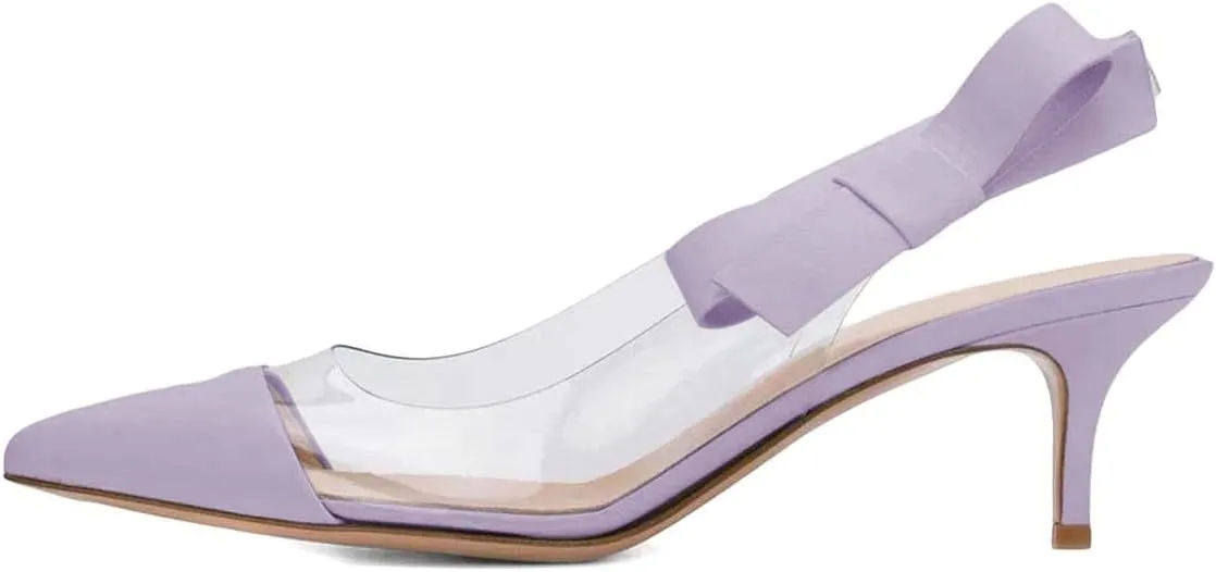 XYD Women Transparent Slingback Mid Kitten Heels Pumps Pointed Toe PVC Dress Sandals Clear Shoes with Bow