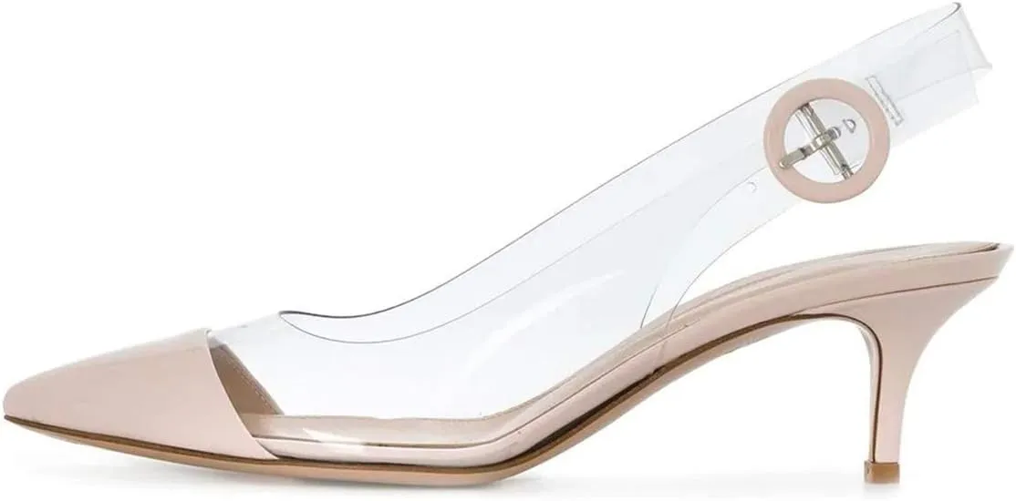 XYD Women Transparent Slingback Mid Kitten Heels Pumps Pointed Toe PVC Dress Sandals Clear Shoes with Buckle