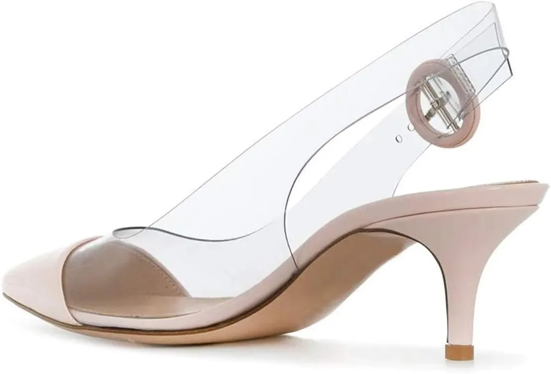 XYD Women Transparent Slingback Mid Kitten Heels Pumps Pointed Toe PVC Dress Sandals Clear Shoes with Buckle