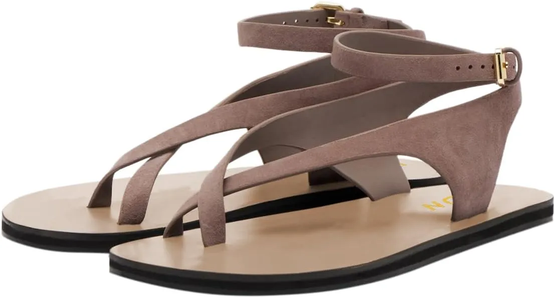 YDN Women Fashion Open Round Toe Thong Strappy Sandals Crossover Ankle Straps Buckle Up Shoes Summer Party Outfit Size 4-16 US