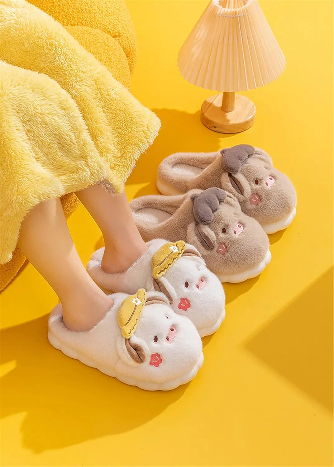 YILANLAN Women's Pink Pig Animal Slippers - Warm, Plush, Winter, Flat Heel, No Closure, Round Toe