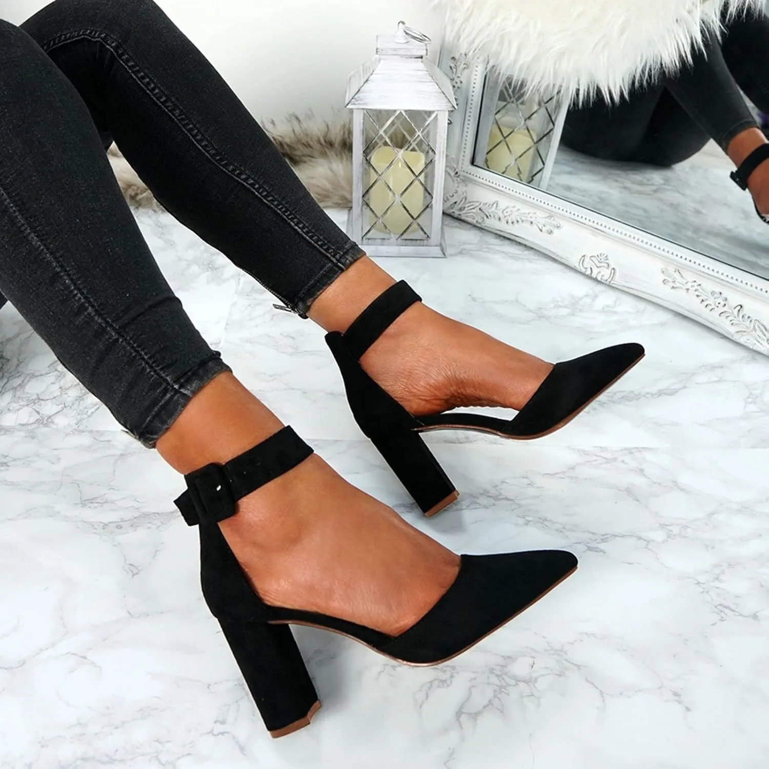 ZBYY Women's Pointed Toe High Heels Ankle Strap Pumps Shoes Summer Ankle Strap Chunky Heel Party Wedding Dress Sandals