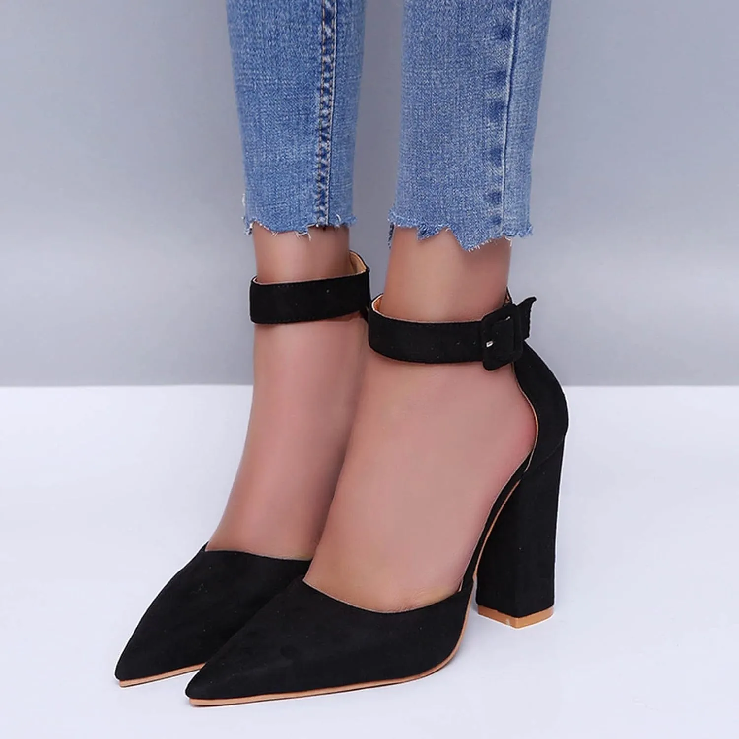 ZBYY Women's Pointed Toe High Heels Ankle Strap Pumps Shoes Summer Ankle Strap Chunky Heel Party Wedding Dress Sandals