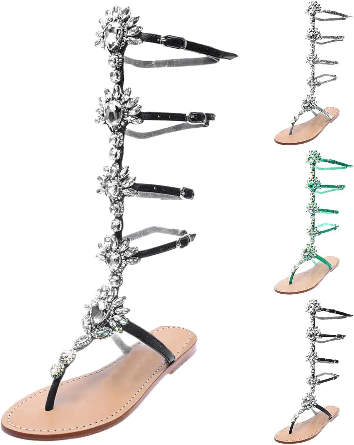 ZBYY Women's Rhinestone Flat Sandals,Flip Flops Beadeed Crystal Jeweled Sandal Summer Gladiator Beach Outdoor Dress Sandals