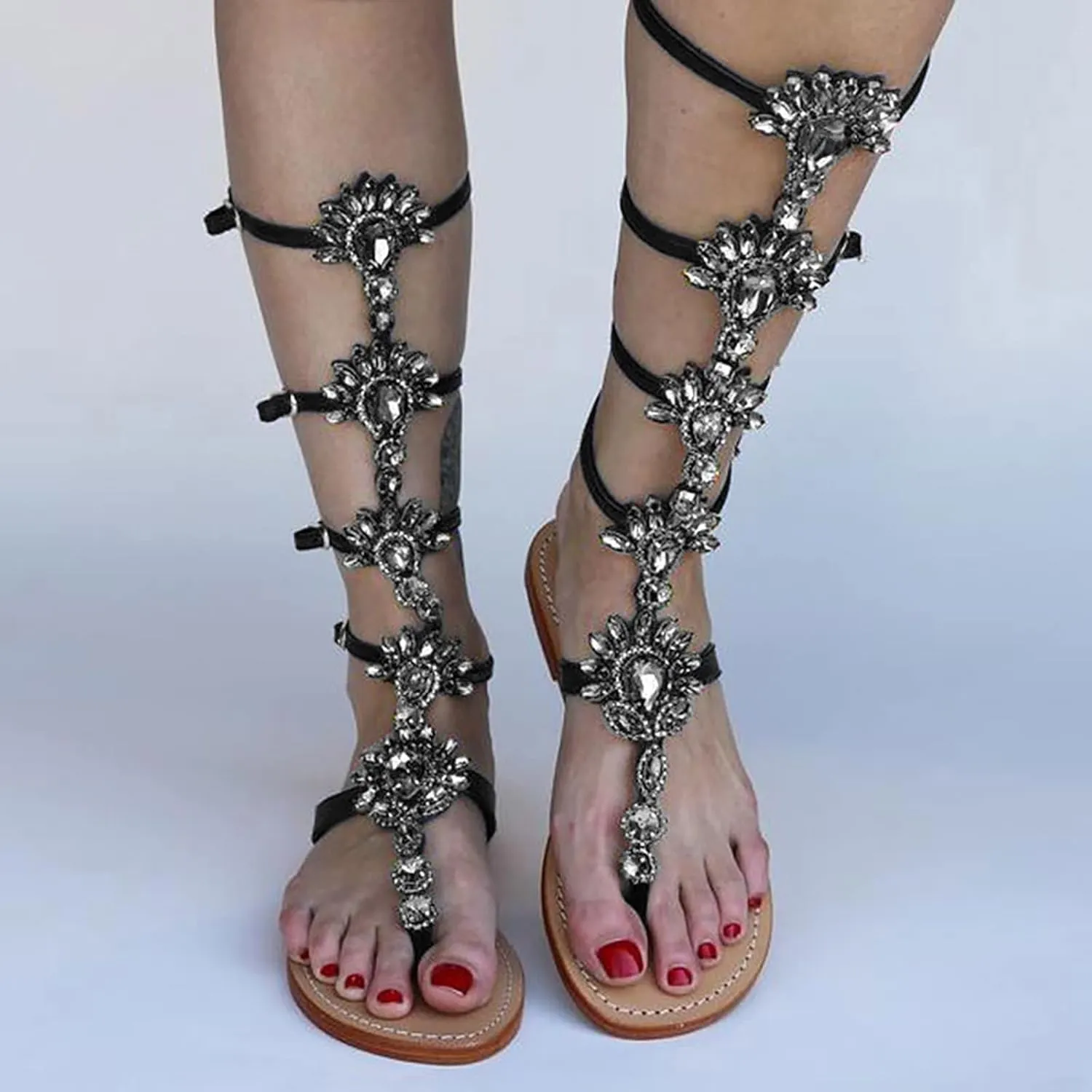 ZBYY Women's Rhinestone Flat Sandals,Flip Flops Beadeed Crystal Jeweled Sandal Summer Gladiator Beach Outdoor Dress Sandals