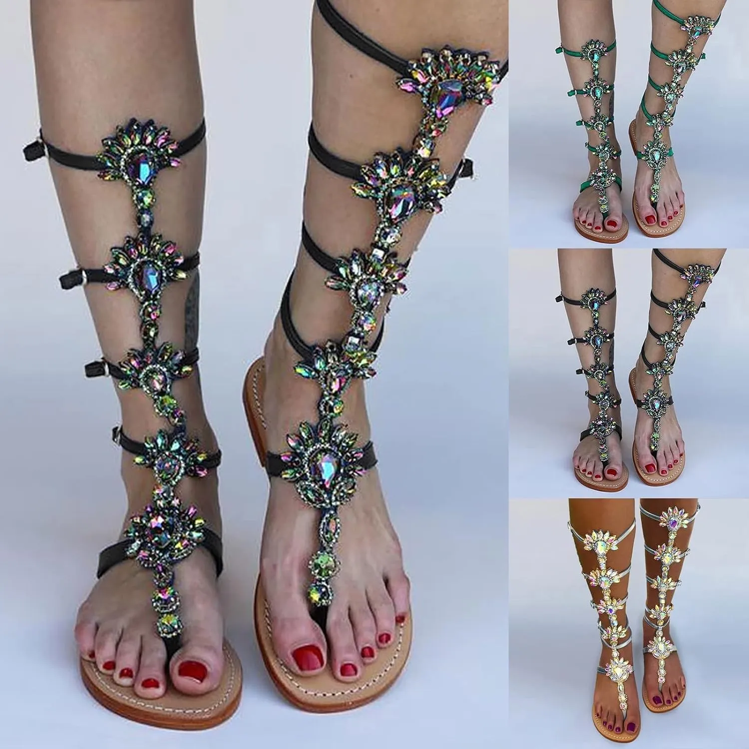 ZBYY Women's Rhinestone Flat Sandals,Flip Flops Beadeed Crystal Jeweled Sandal Summer Gladiator Beach Outdoor Dress Sandals