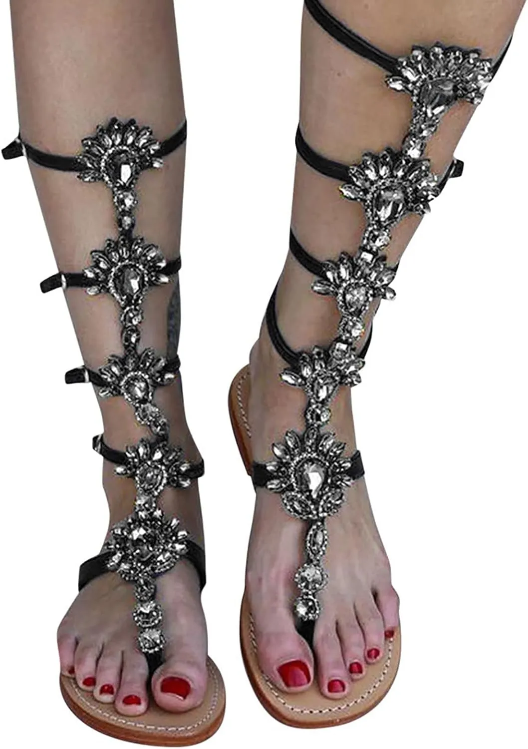 ZBYY Women's Rhinestone Flat Sandals,Flip Flops Beadeed Crystal Jeweled Sandal Summer Gladiator Beach Outdoor Dress Sandals