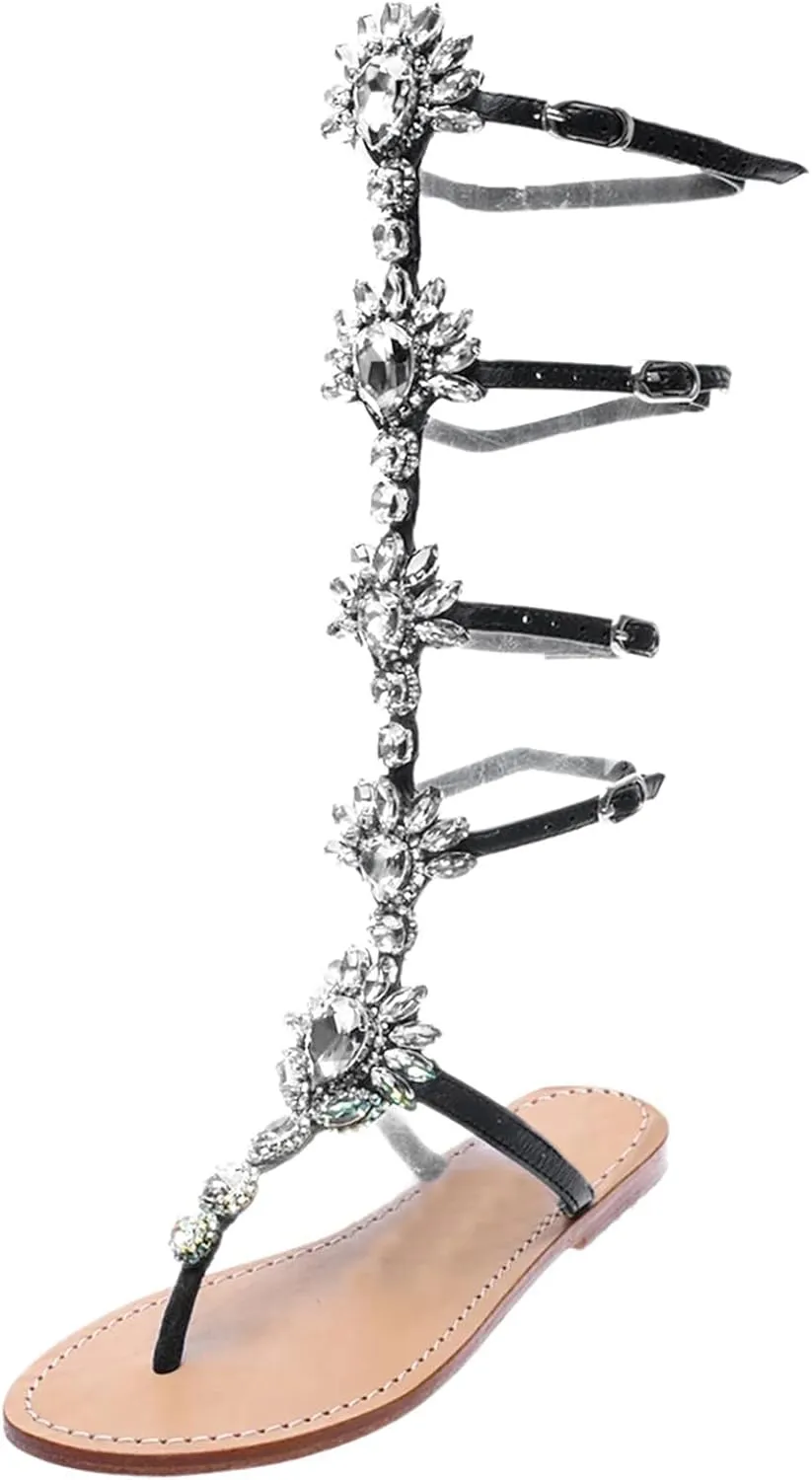 ZBYY Women's Rhinestone Flat Sandals,Flip Flops Beadeed Crystal Jeweled Sandal Summer Gladiator Beach Outdoor Dress Sandals